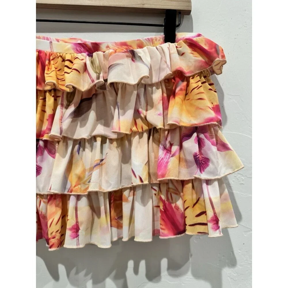 Out From Under Skirt Womens L Pink Floral Ruffle Tiered Mini Urban Outfitters